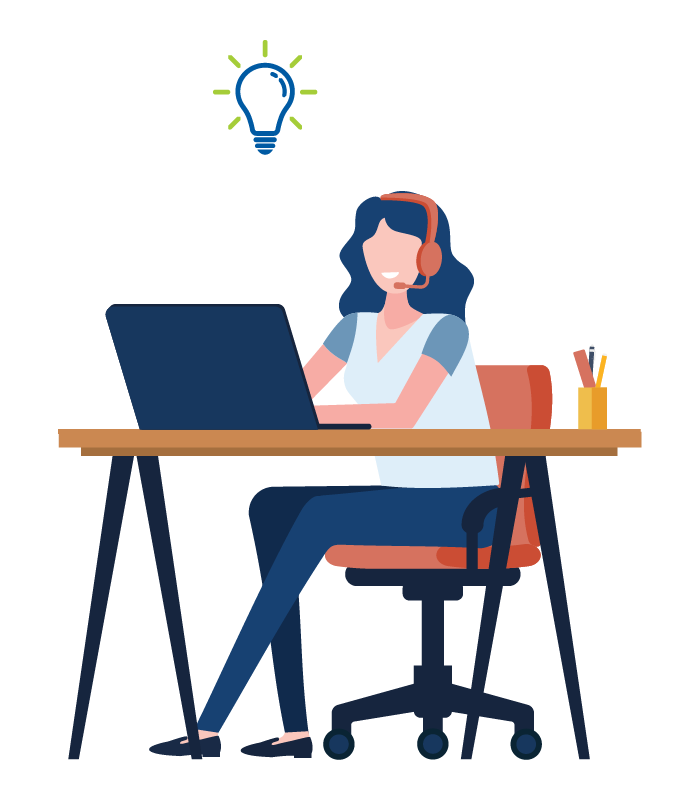 Illustration of a woman wearing a headset and using a laptop, with a lightbulb illustration over her head.