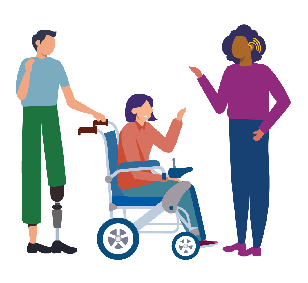 Illustration of man with prosthetic leg pushing a woman on wheelchair, both of them waving to a woman with hearing aid.