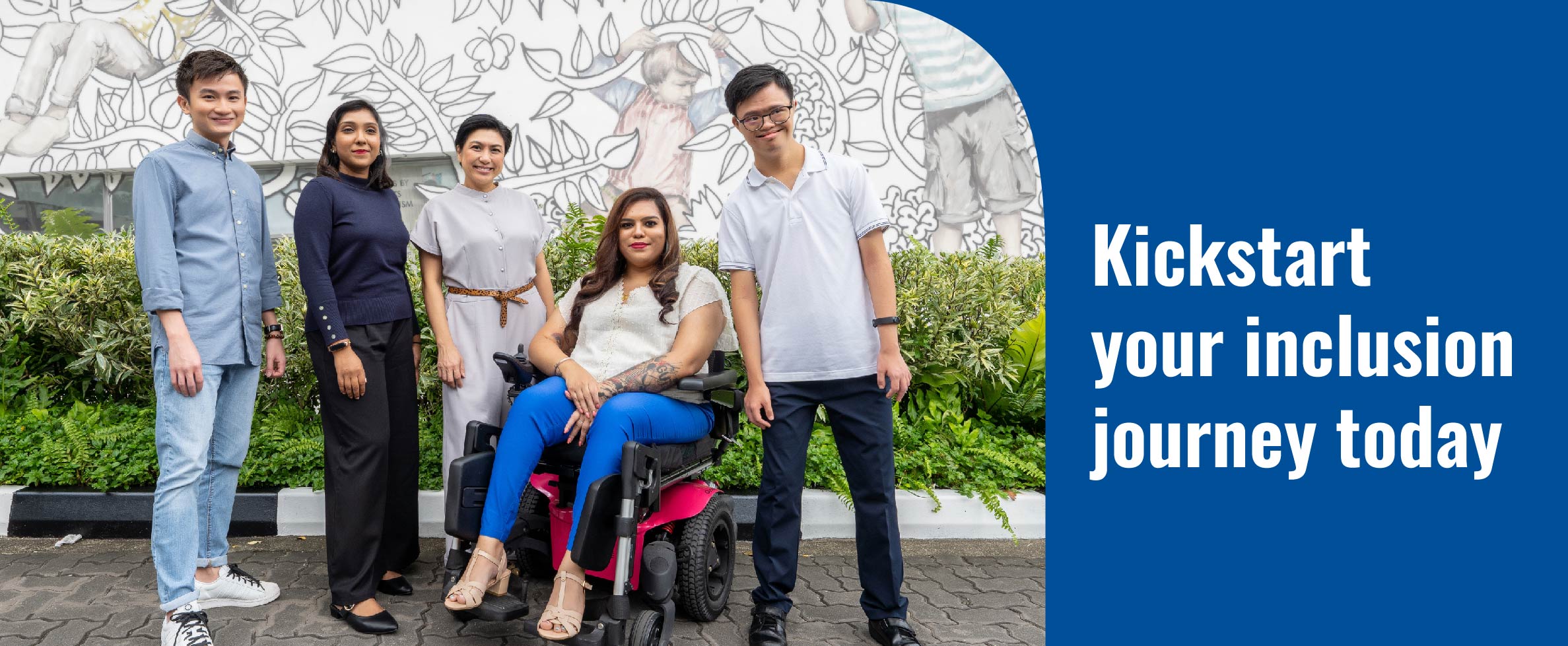 A group of men and women posing for the photo with smiles. Text in banner reads "Kickstart Your Inclusion Journey Today"
