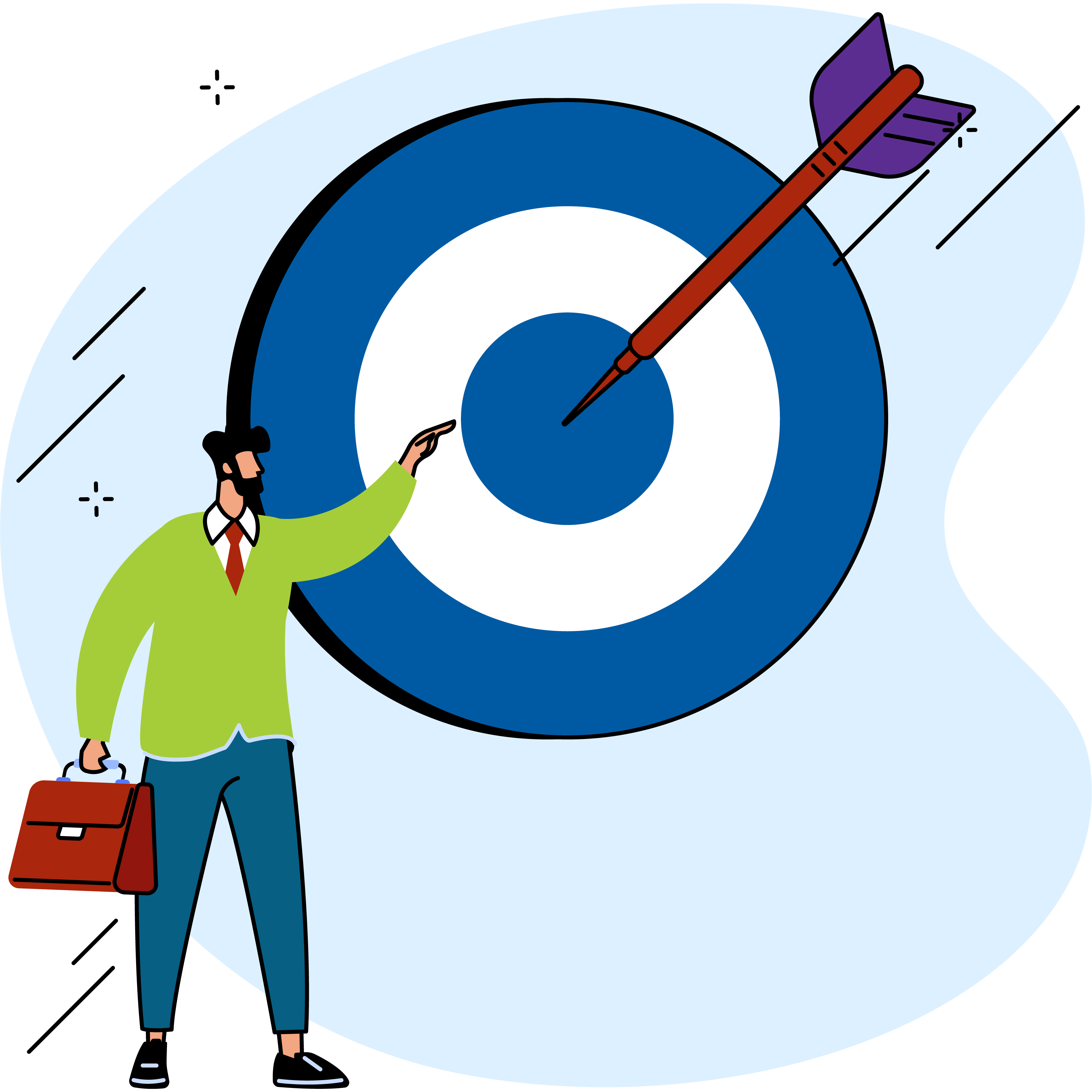 Illustration of a person with a briefcase standing next to a target board with an arrow.
