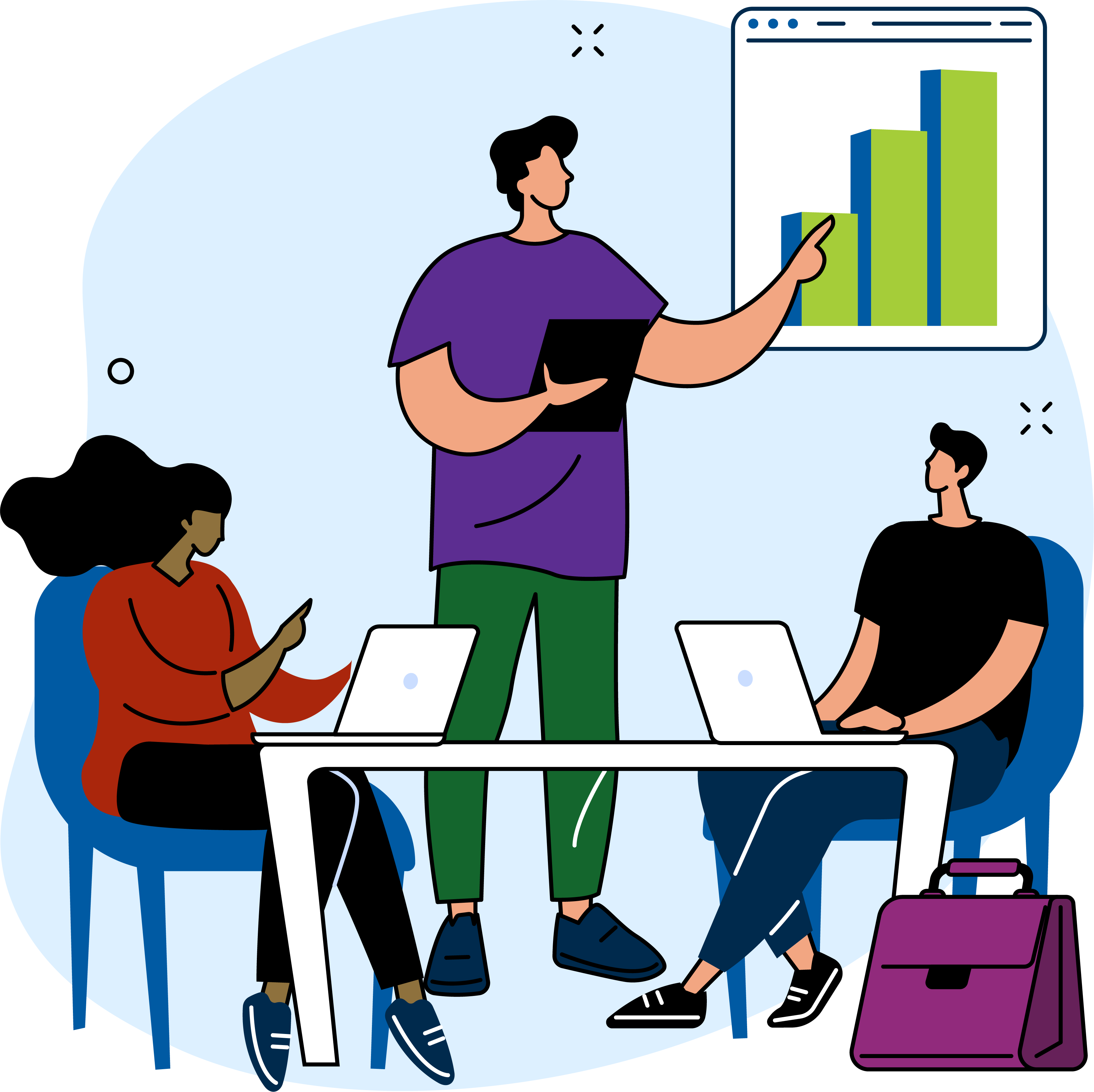 Illustration of two people seated with their laptops and paying attention to another person as he presents a bar chart with an upward trend.