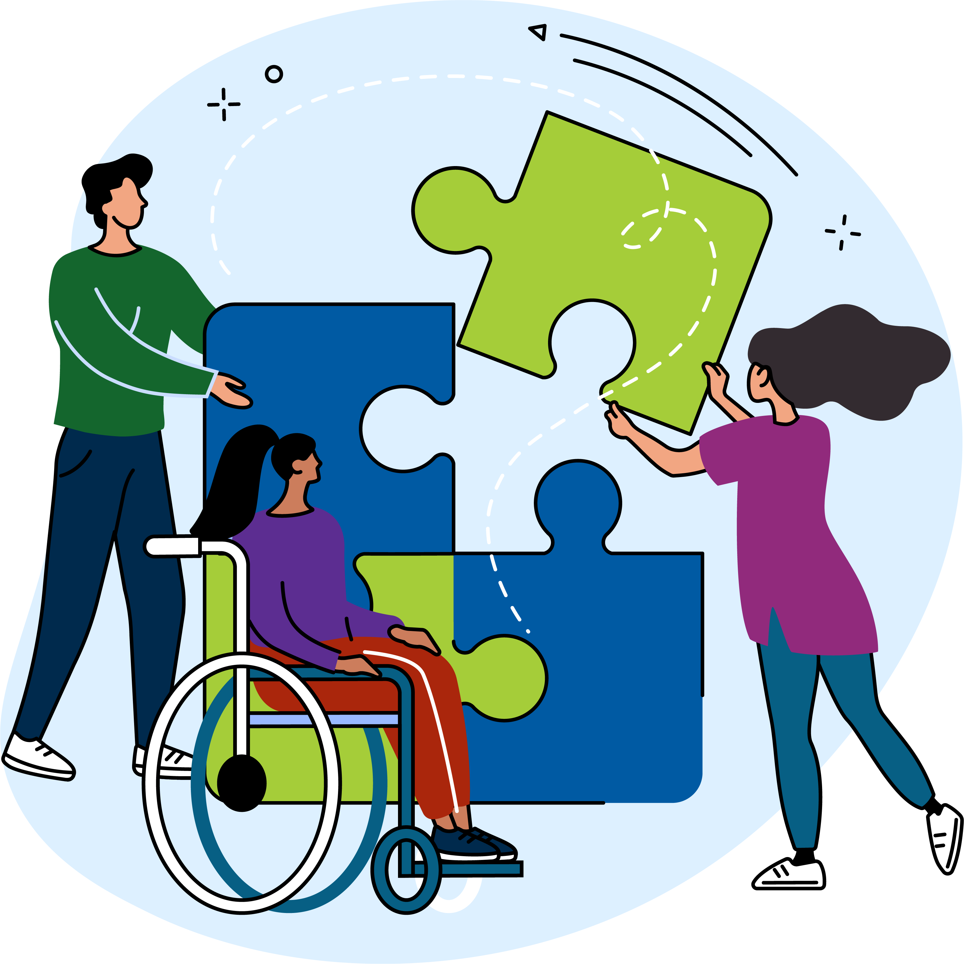 Illustration of three people, including a wheelchair user, assembling four large puzzle pieces together