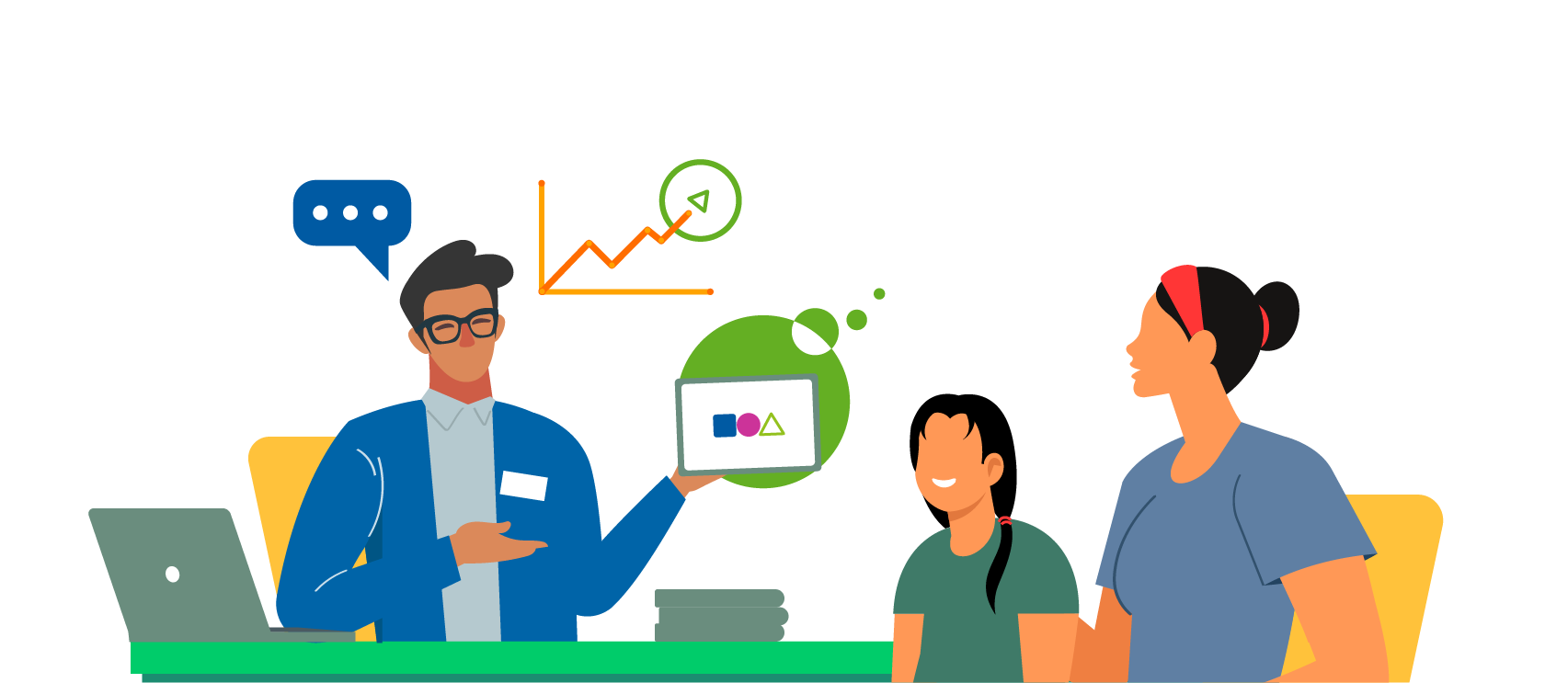 Illustration of an information counter staff providing information to a pair of mother and daughter.