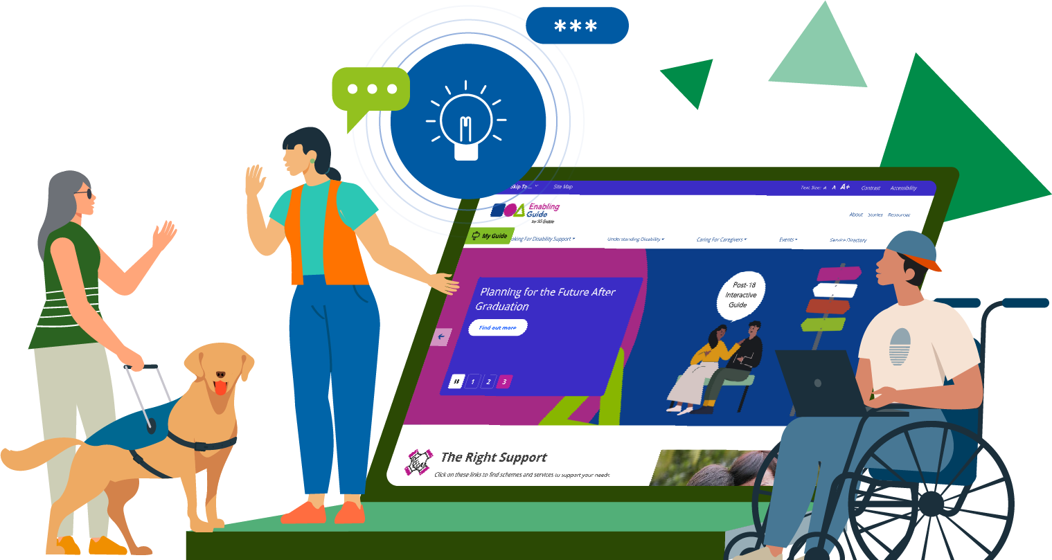 Illustration of a staff introducing Enabling Guide to 2 persons with disabilities.