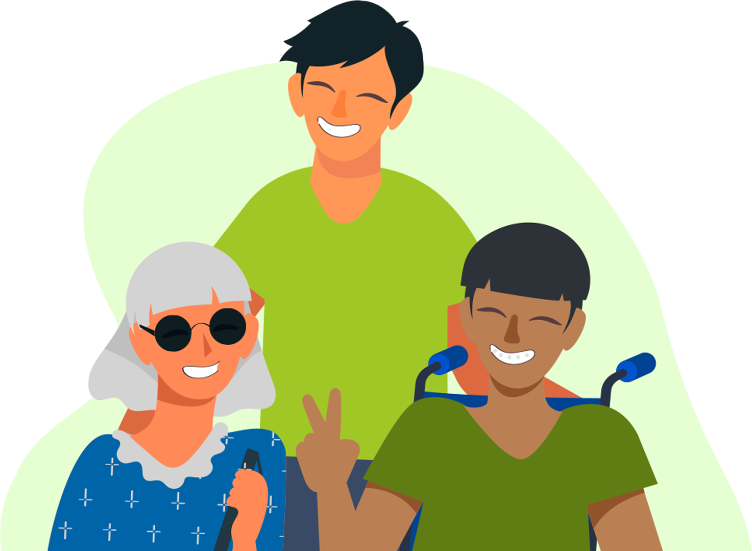 Illustration of a group of people with and without disabilities smiling happily.