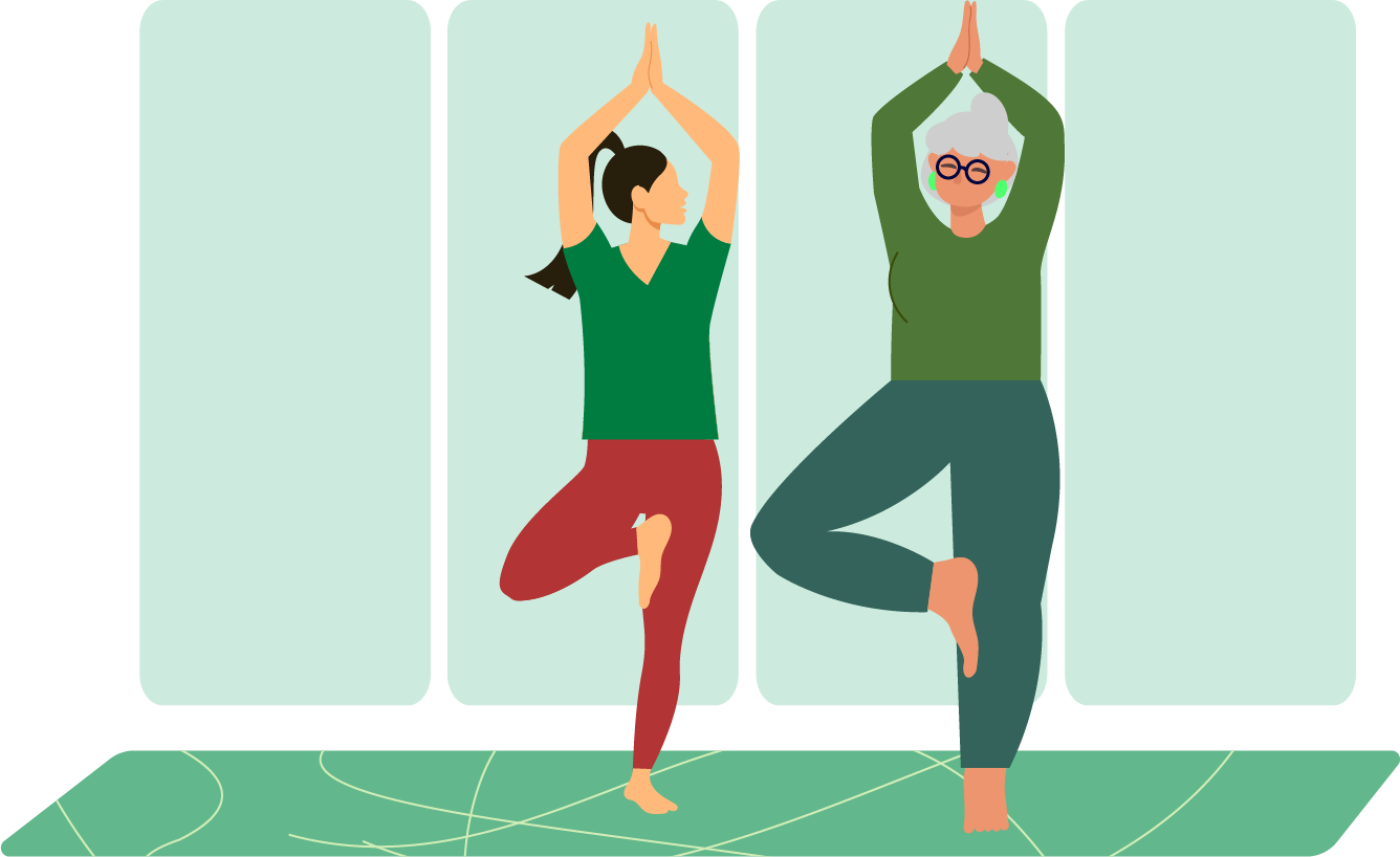 Illustration of 2 women doing yoga together.