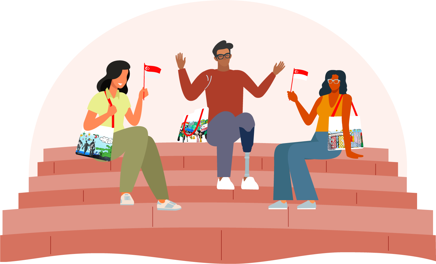 Illustration of a group of people carrying NDP packs and holding Singapore flags.