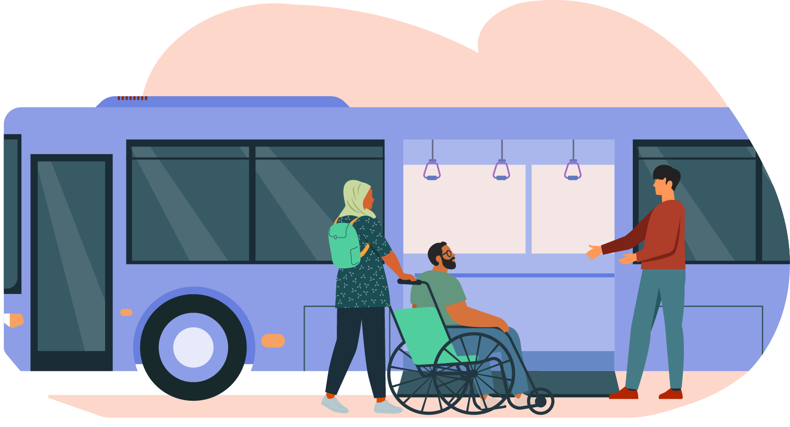 Illustration of a man giving way to a caregiver and a wheelchair user in front of a public bus.