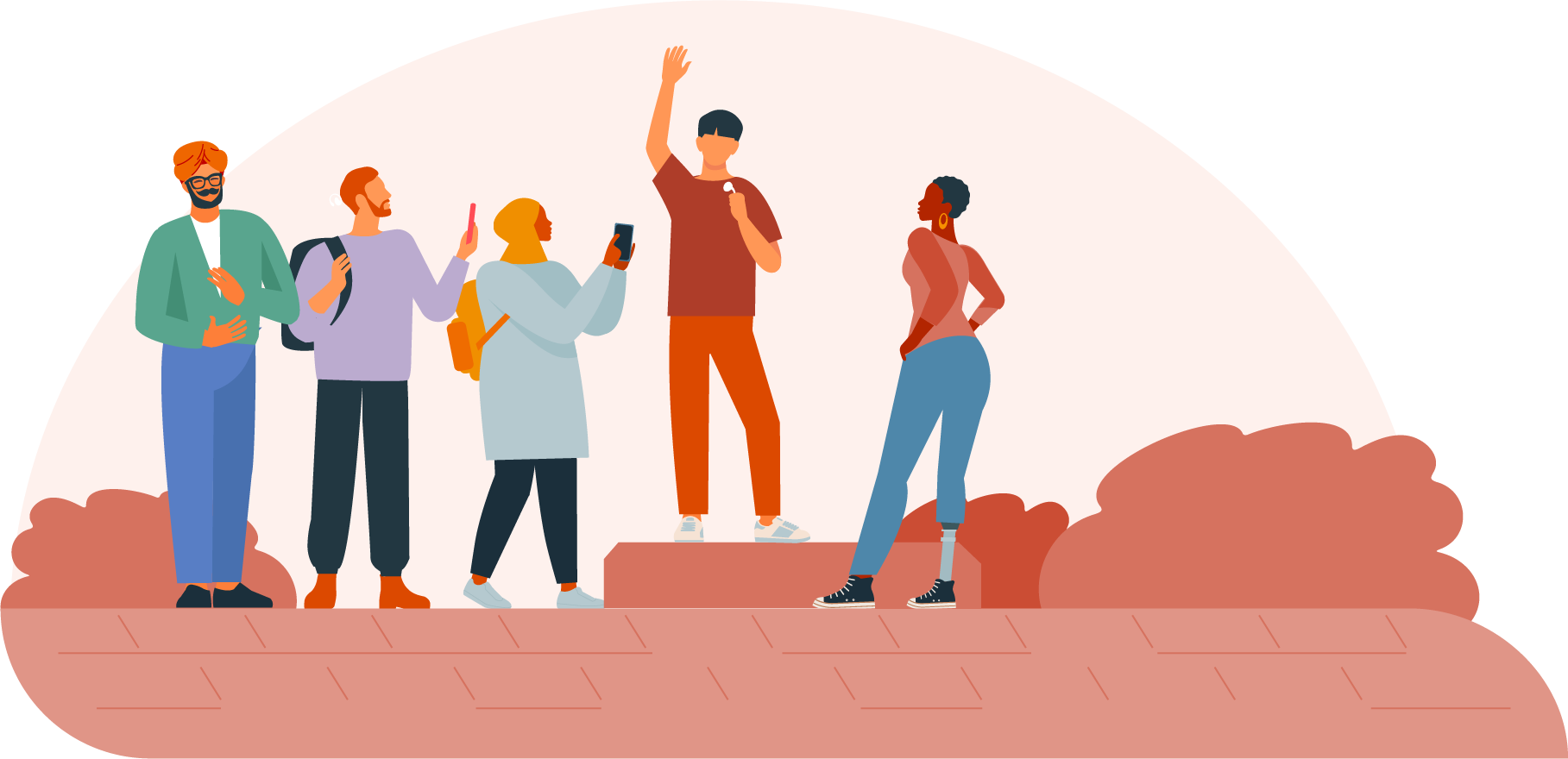 Illustration of a group of people with and without disabilities on a tour.