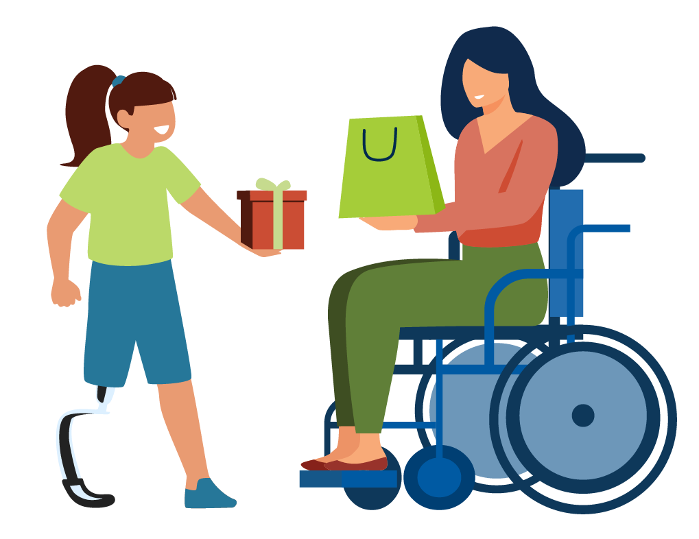 A girl with a prosthetic leg and a woman in wheelchair exchanging gifts.