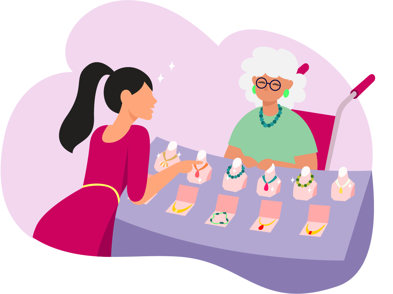 Illustration of a young woman buying jewelry from an older woman on wheelchair at her stall.