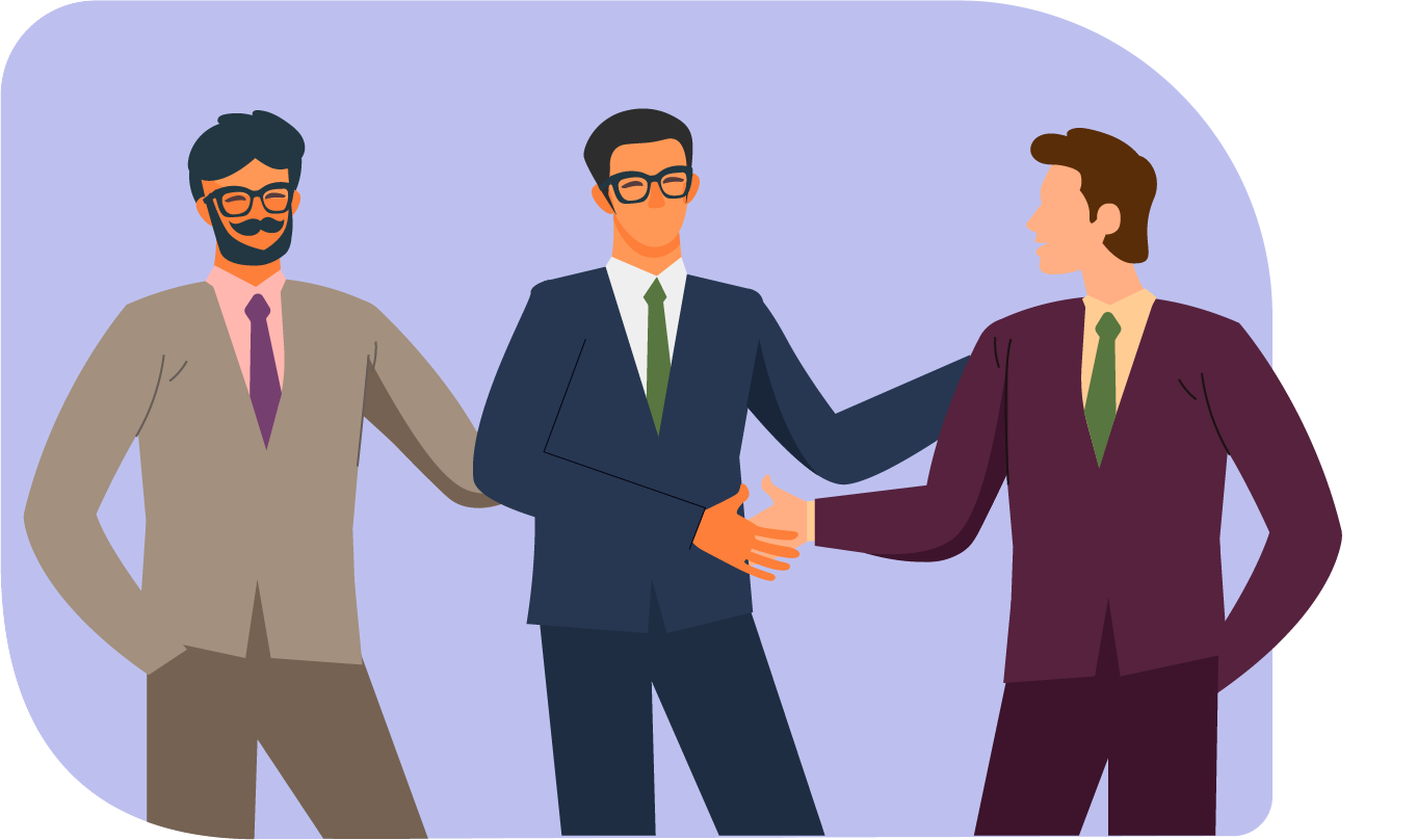 Illustration of a group of men in suits smiling and shaking hands with each other.