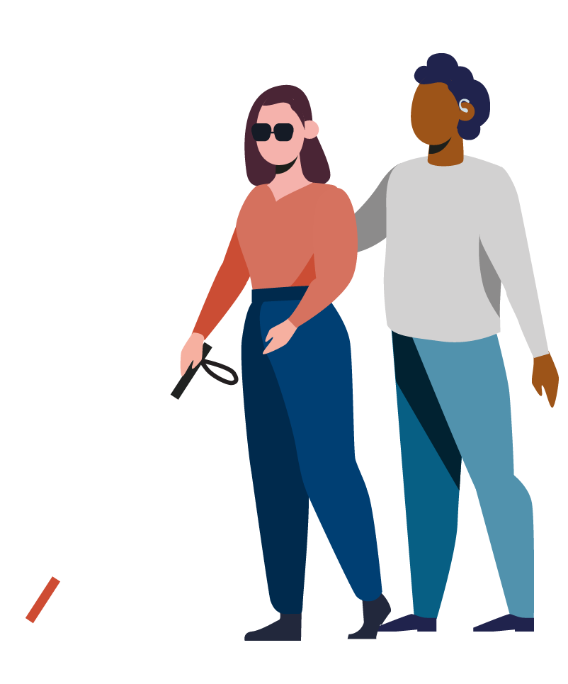 A man walking with a visually impaired woman holding a white cane.