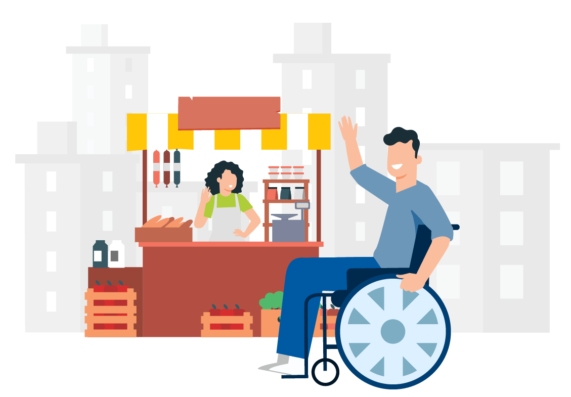 Illustration of a man on a wheelchair, waving to a woman who owns a food stall.
