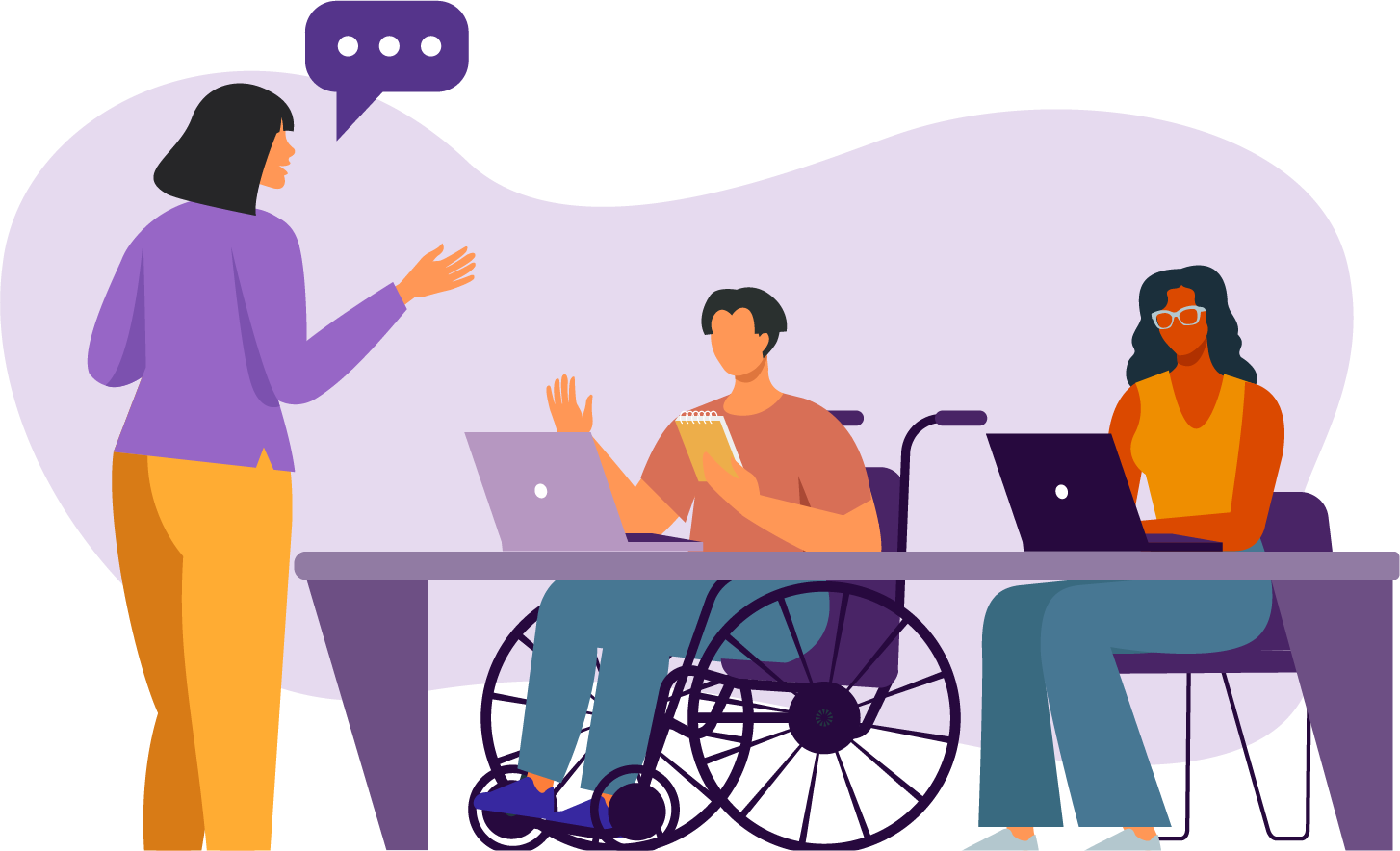 Illustration of persons with and without disabilities in a class.