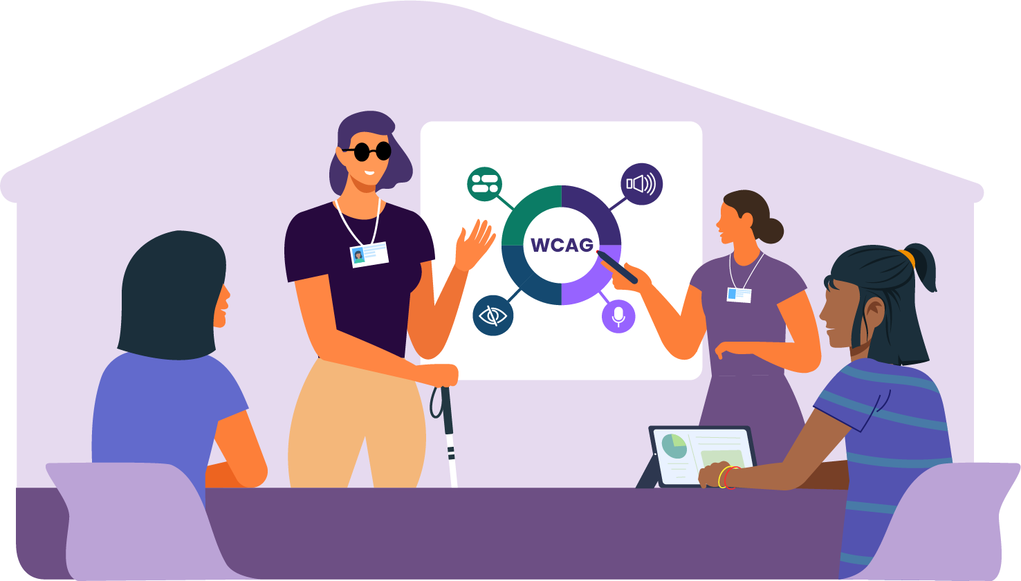 Illustration of a woman wearing sunglasses and holding a white cane giving a presentation to a group of people.