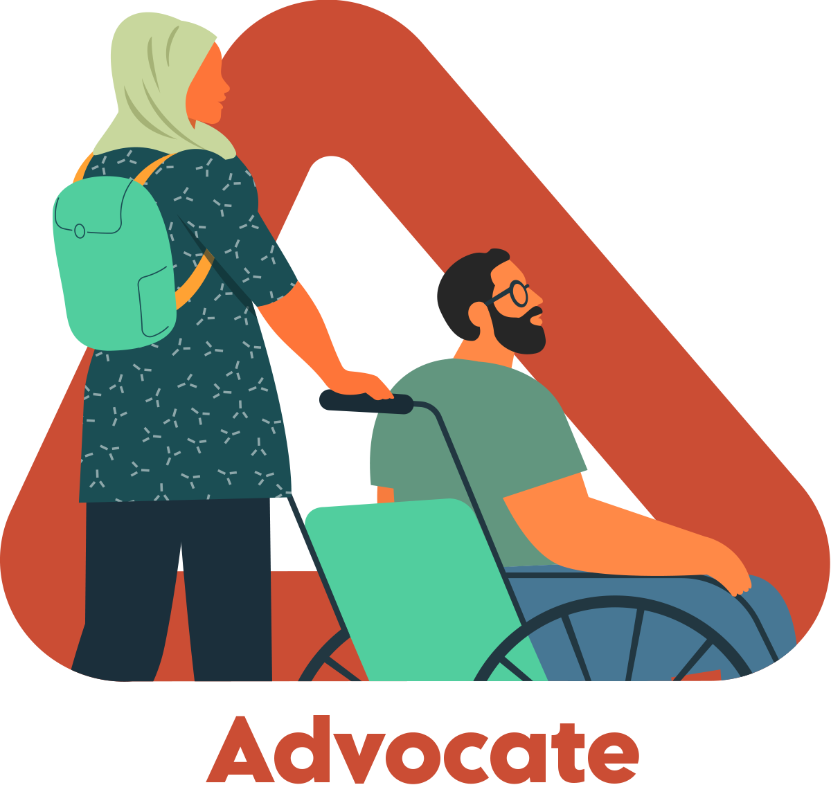 Button for Advocate page, illustration depicts a caregiver with a person with disability on wheelchair.