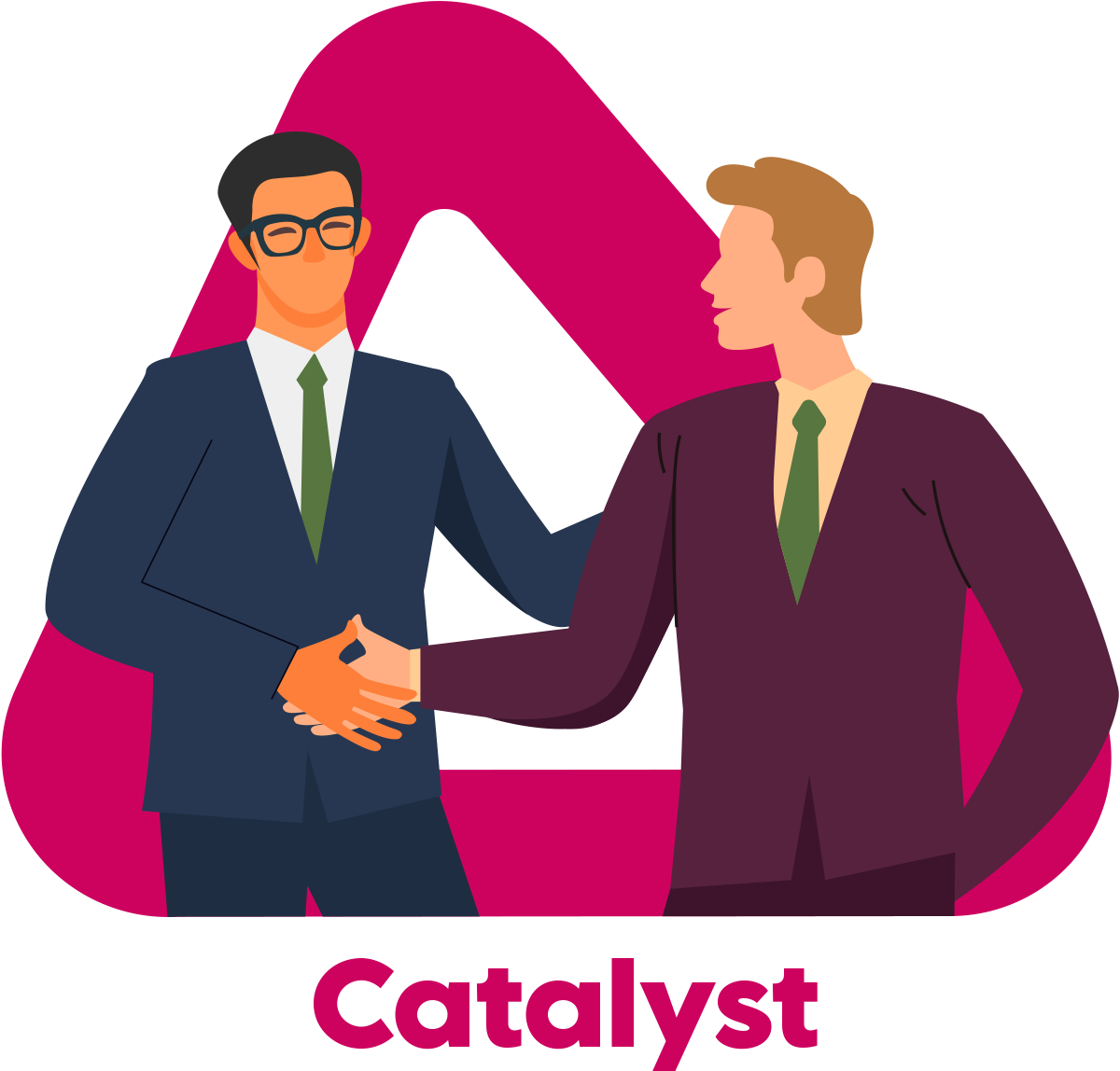 Button for Catalyst page, illustration depicts 2 men in suits shaking hands with each other.