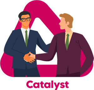02_Catalyst Button for Catalyst page, illustration depicts 2 men in suits shaking hands with each other.