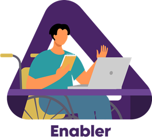 03_Enabler Button for Enabler page, illustration depicts a person with disability using a laptop.
