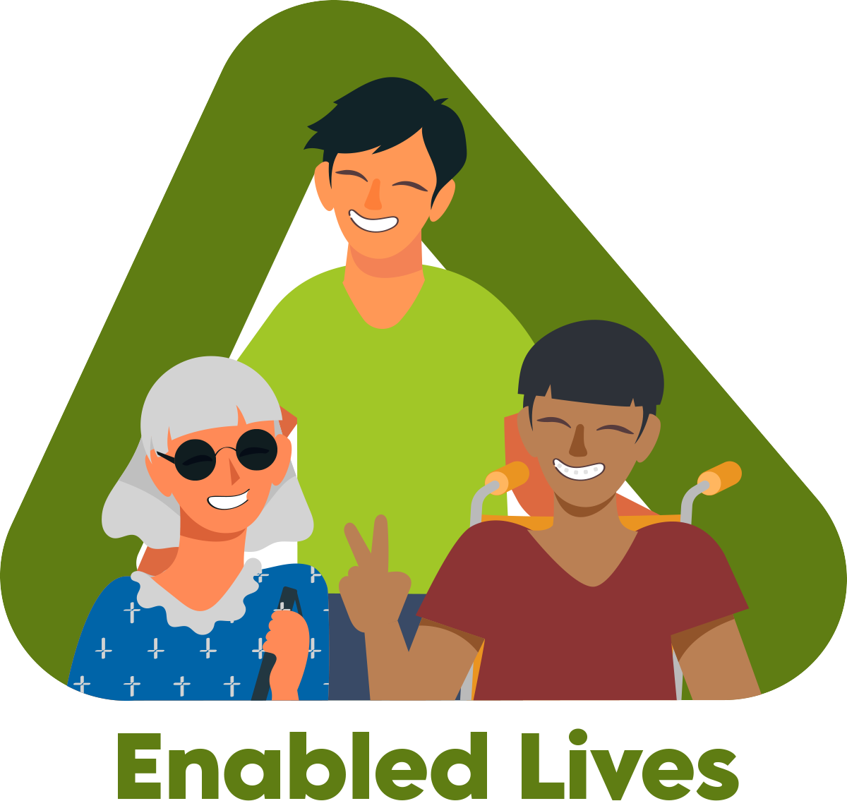 Button for Enabled Lives page, illustration depicts a group of people with and without disabilities smiling.