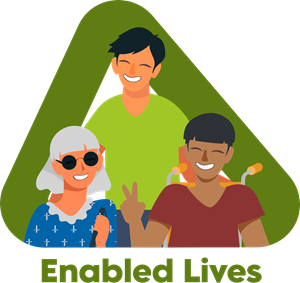 04_EnablingLives Button for Enabled Lives page, illustration depicts a group of people with and without disabilities smiling.
