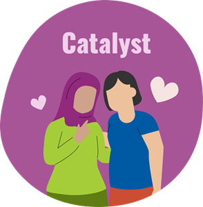 Catalyst Button illustration of a woman posing with her friend.