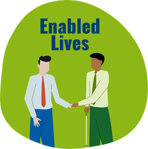 EnabledLived Button illustration of two men shaking hands, one of them leaning onto a cane for support