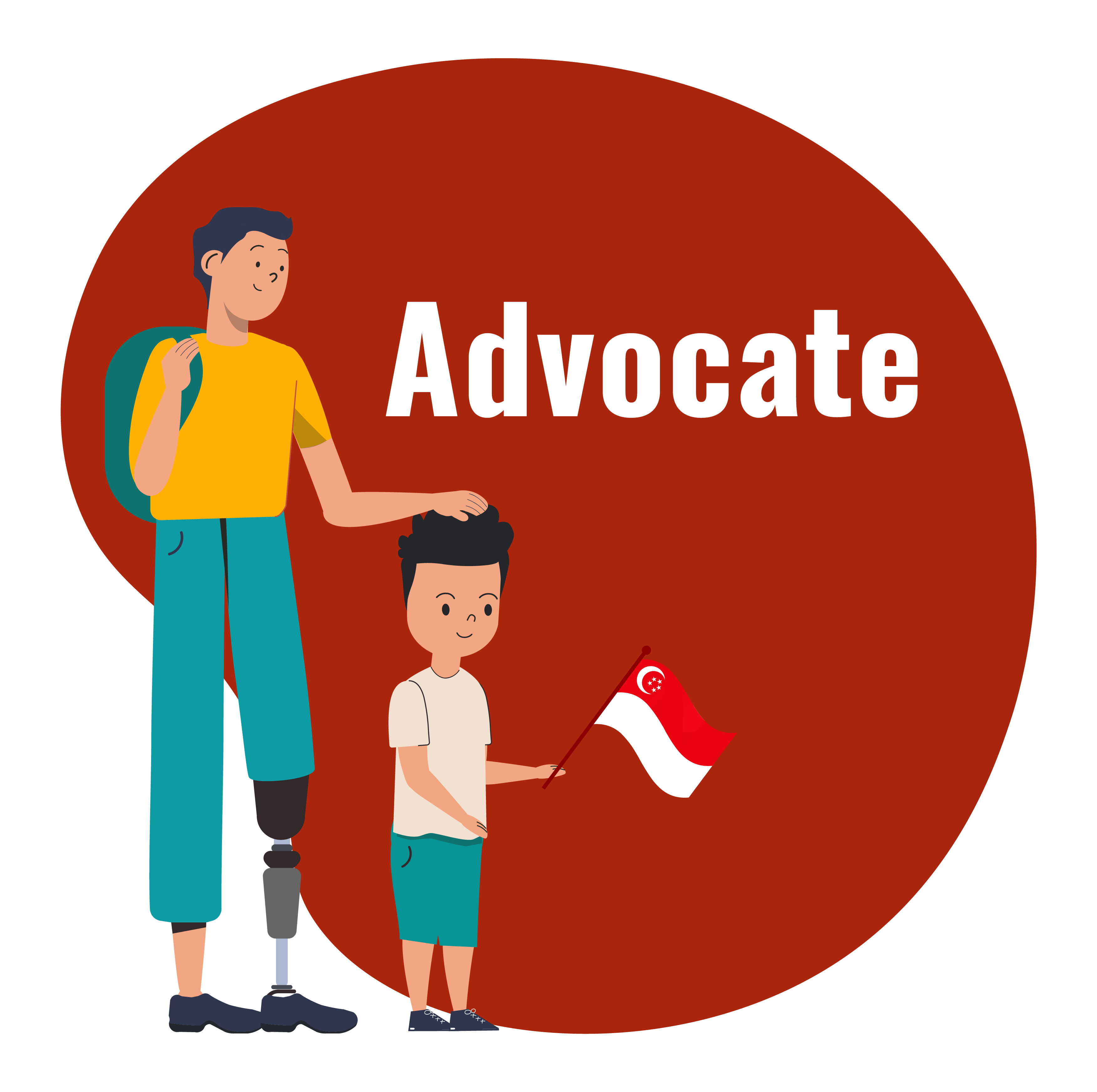 Illustration of a man with a prosthetic leg and a boy holding the Singapore flag