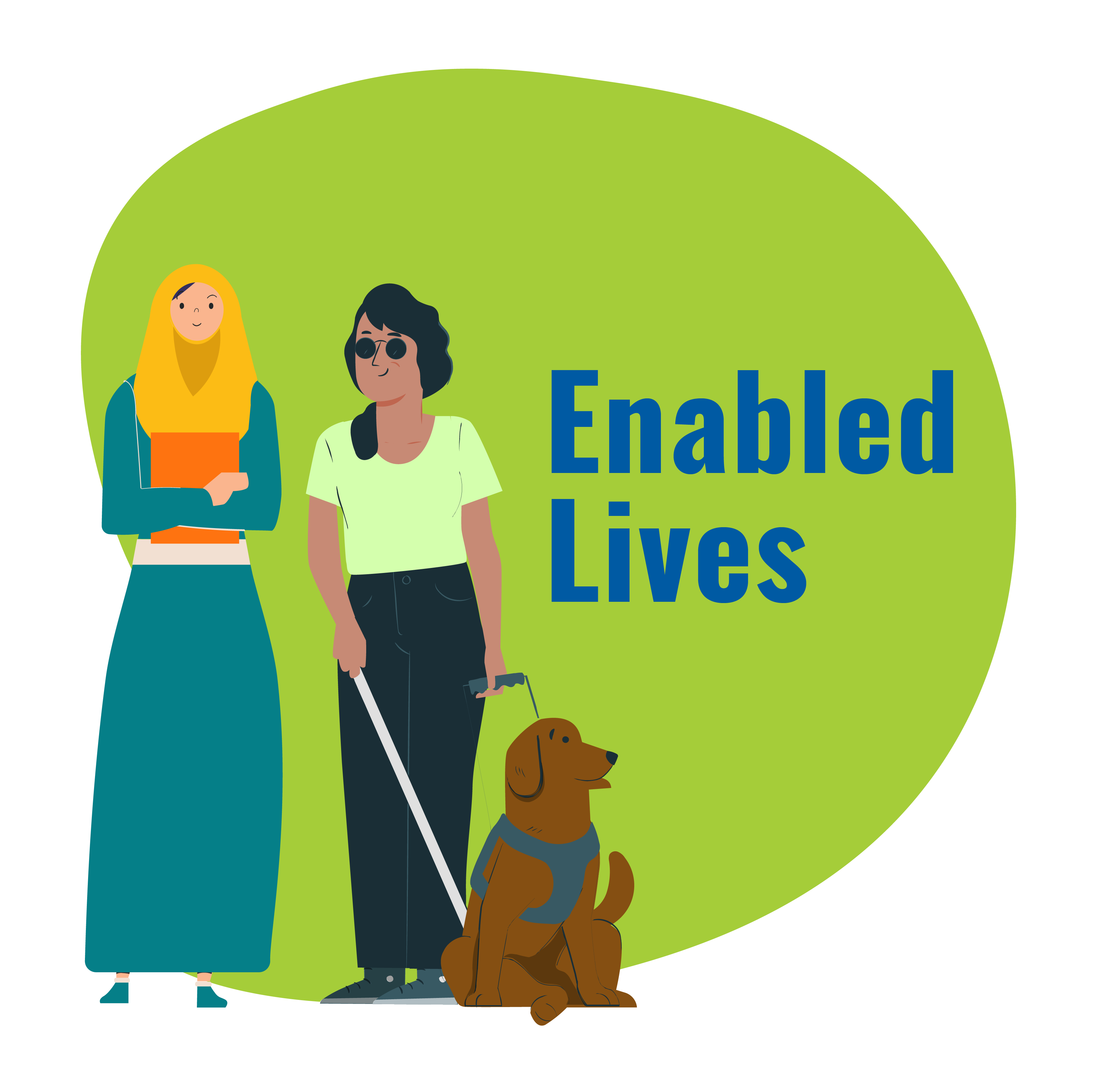 Illustration showing a woman hugging her books and another woman with a white cane and her guide dog.