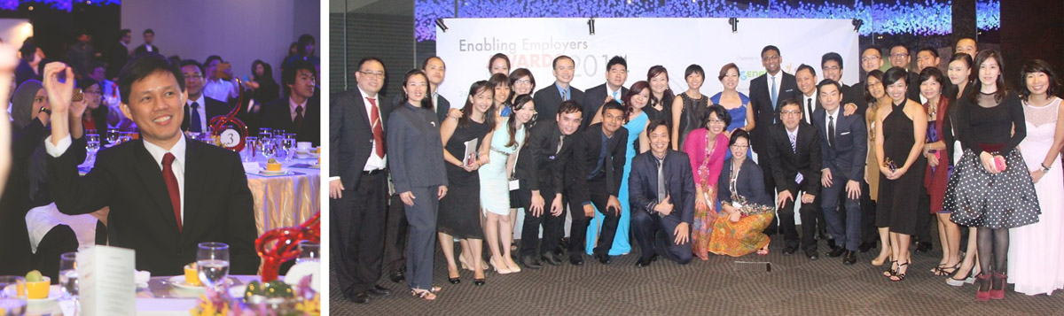 On the left, then Minister of Social and Family Development Mr Chan Chun Sing smiles with his arms raised while at the dinner. On the right is a group photo from the Enabling Employers Awards Gala Dinner in 2014.