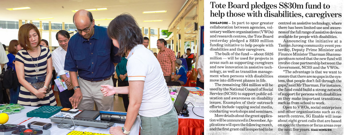 Newspaper clipping with a photo of SM Tharman and SG Enable's CEO on the left, and on the right, an article with a headline that reads "Tote Board pledges S$30m fund to help those with disabilities, caregivers."