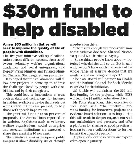 News clipping of an article with the headline "$30m fund to help disabled"