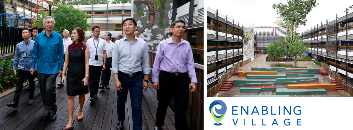 An Enabling Village-branded collage: on the left, SG Enable's CEO takes Prime Minister Lee Hsien Loong and Mr Tan Chuan Jin, then Minister of Social and Family Development, on a tour of Enabling Village; on the right is Enabling Village's terrace.