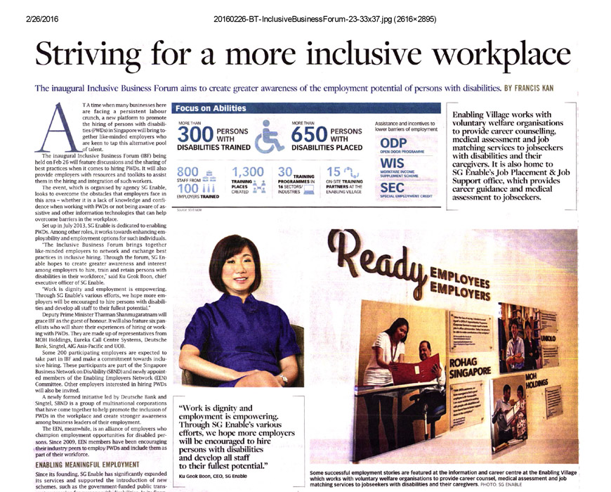 Business Times news clipping with the headline "Striving for a more inclusive workplace". A photo of SG Enable's CEO, and statistics on number of persons with disabilities trained and placed are included in the article.