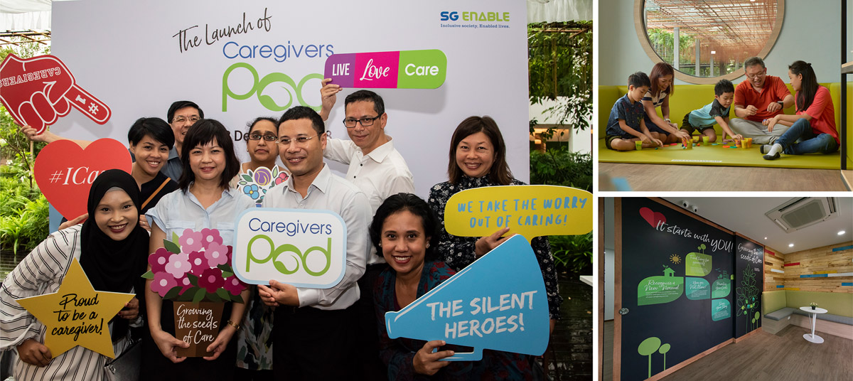 On the left, then Minister of Social and Family Development Mr Desmond Lee taking a fun group photo during the launch of Caregivers Pod. On the top right, a family plays together in the space while the bottom right is a picture of the empty pod.