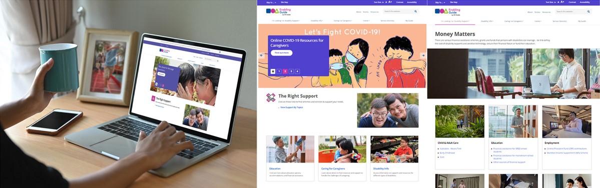 Left: a user accessing the Enabling Guide website on their laptop. Right: screenshots of the "Stay Informed" and "Money Matters" pages of Enabling Guide.