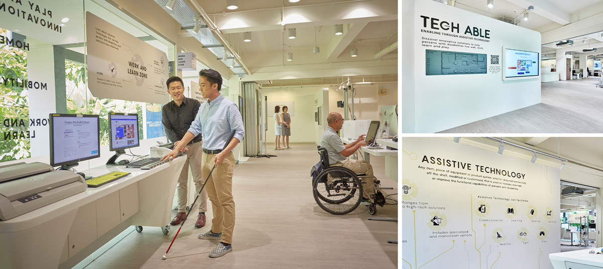 A collage of the refurbished Tech Able. On the left, a person with visual impairment navigates the space with his cane, while in the background, a wheelchair user interacts with the assistive technology on display.