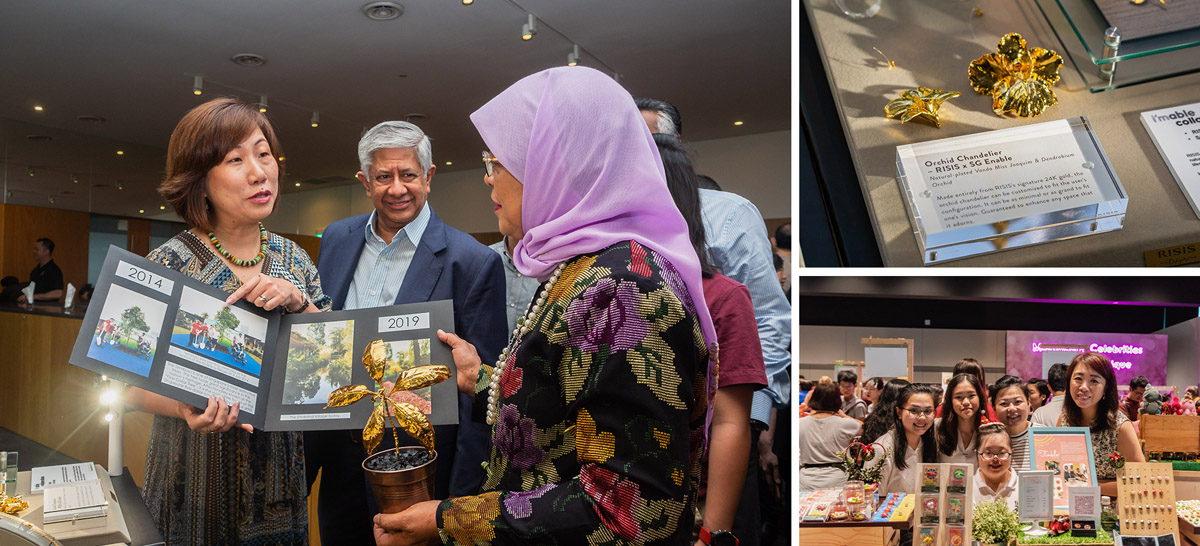 Left: SG Enable CEO sharing a photo collection with President Halimah Yacob, who is holding onto a pot with a plant made of golden leaves. Right: a photo of a golden orchid chandelier brooch, and a group photo with artists selling their wares.