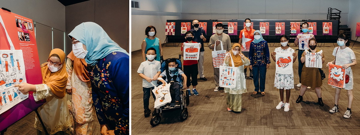 Left: President Halimah Yacob admiring an artwork on a NDP tote bag closely, while the artist with disability explains her work. Right: President Halimah takes a socially distanced group photo with the artists behind the NDP artworks for the year.
