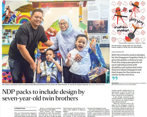 Straits Times clipping of an article featuring NDP packs designed by seven-year-old twin brothers. The article also included a photo of the twins with their parents.
