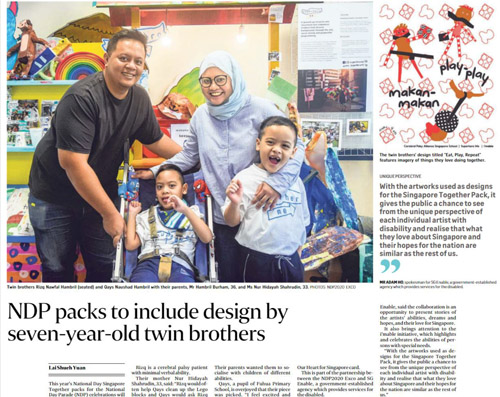 Artworks by Persons with Disabilities Featured on NDP Packs - Cover Straits Times clipping of an article featuring NDP packs designed by seven-year-old twin brothers. The article also included a photo of the twins with their parents.