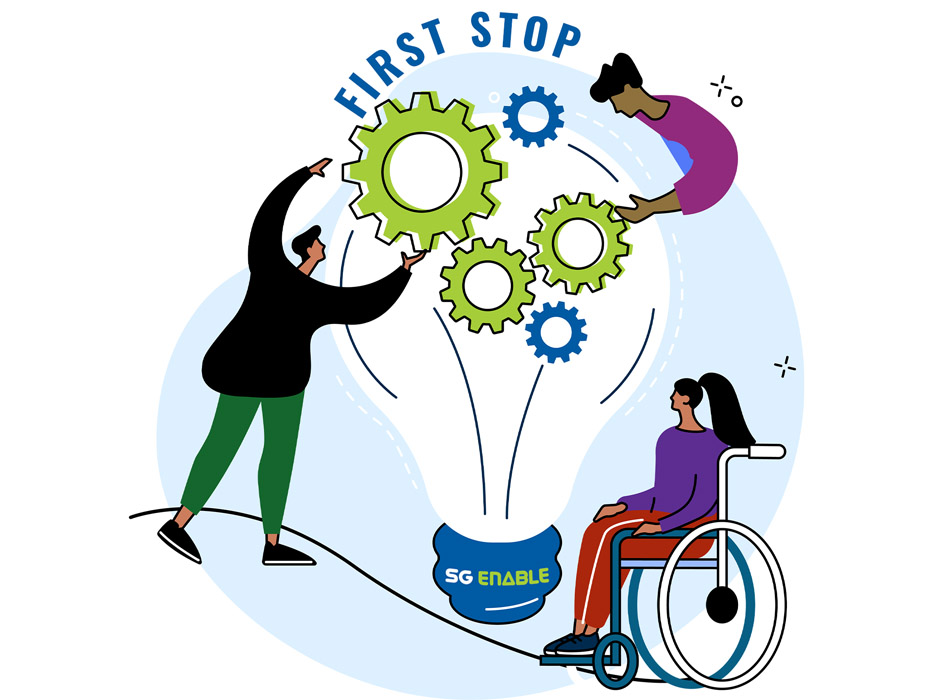 An illustration of an SG Enable-branded lightbulb with gears on top, surrounded by the words "First Stop".