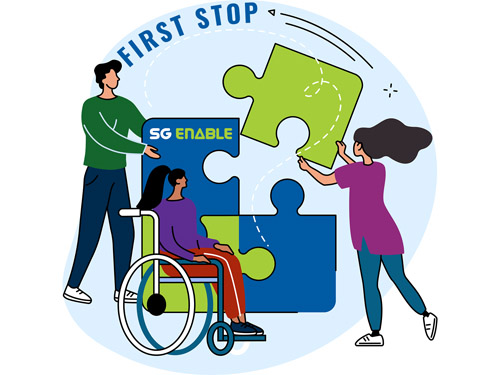 Illustration of a lady in a purple shape adding a final piece to a green and blue SG Enable branded jigsaw puzzle while a male and a female wheelchair user watch her. The illustration depicts SG Enable becoming the first stop for disability & inclusion.