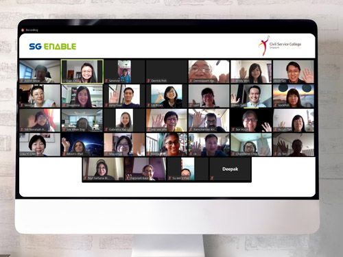 A screenshot of a virtual e-accessibility workshop jointly organised by SG Enable and Civil Service College.