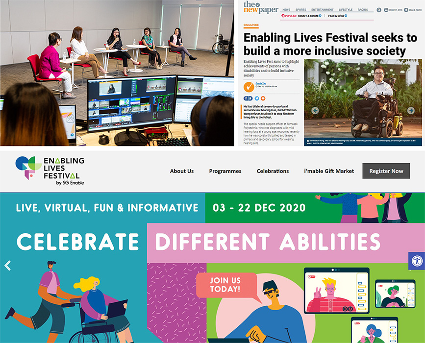 A collage of photos from 2020's Enabling Lives Festival. On the top left is a photo of five women sharing. The top right is a news clipping from The New Paper. At the bottom is a screenshot of the Enabling Lives Festival homepage.