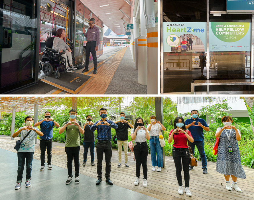 Top left: a bus driver waves at a female wheelchair user as she exits the bus. Top right: a poster with the text "Welcome to Heart Zone" on the doors of a bus interchange. Bottom: group photo with SPS Baey Yam Keng at Enabling Village.
