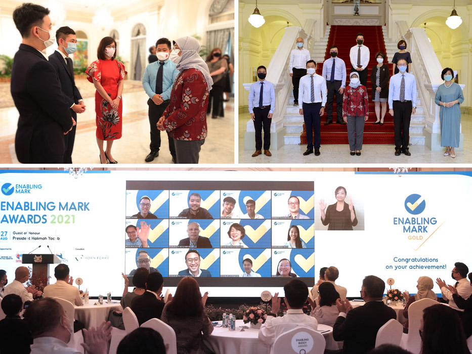 Top left: President Halimah engaging with Enabling Mark Award winners. Top right: President Halimah, SPS Eric Chua and SG Enable's CEO in a group photo on the Istana stairs. Bottom: Applauding the Enabling Mark Gold winners, who are on screen.