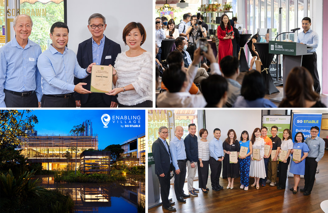 Top left: Minister Desmond Lee presenting the ULI award to SG Enable's CEO. Top right: Minister Desmond gives his address. Bottom left: night view of the Nest block. Bottom right: funders and developers who made Enabling Village possible.