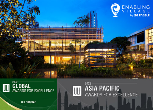 Top: night view of Enabling Village's Nest Block. Bottom: ULI Global Awards for Excellence and Asia Pacific Awards for Excellence.